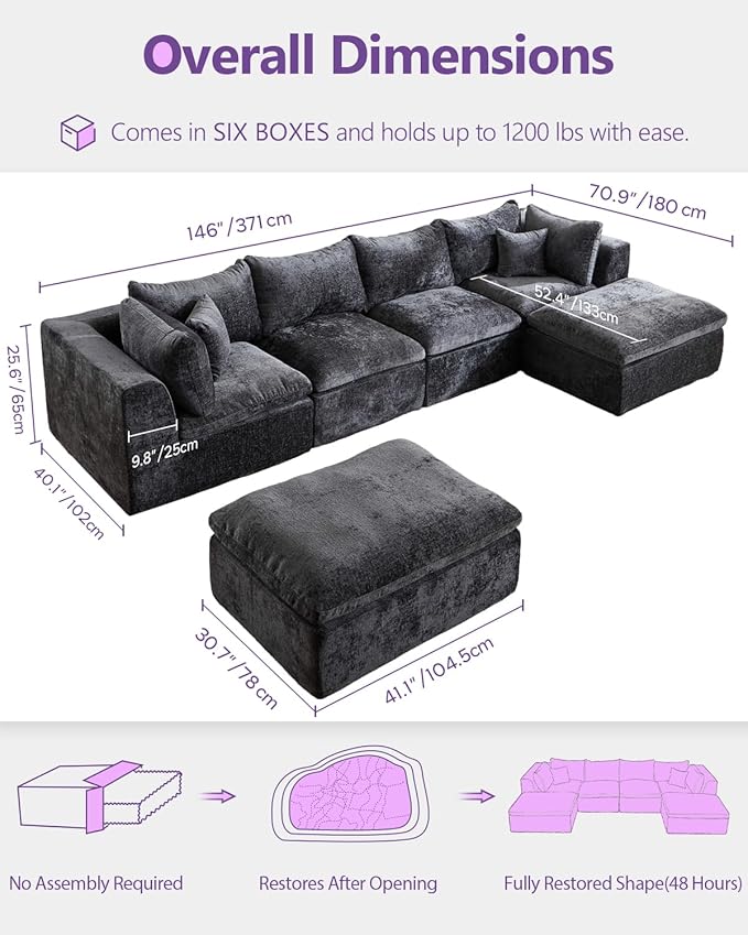 TYBOATLE Single Middle Seat Boneless Couch for Living Room Comfy Boneless Modular Couch w/Memory Foam Grey