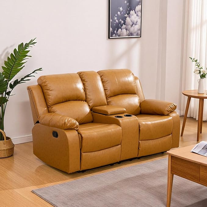Manual Recliner Sofa Set for Living Room Leather Reclining Sofa Sets Faux Leather Couch Set with Cup Holders Drop-Down Table and Storage Console(LoveseatGinger)