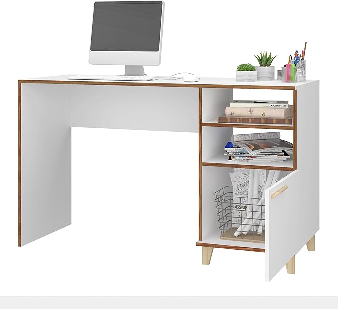 Manhattan Comfort Minetta 53 Inch Office Desk with 2 Open and 1 Concealed Shelf Mid Century Modern Computer Table with Metallic Hinges and Solid Wood Splayed Legs  White