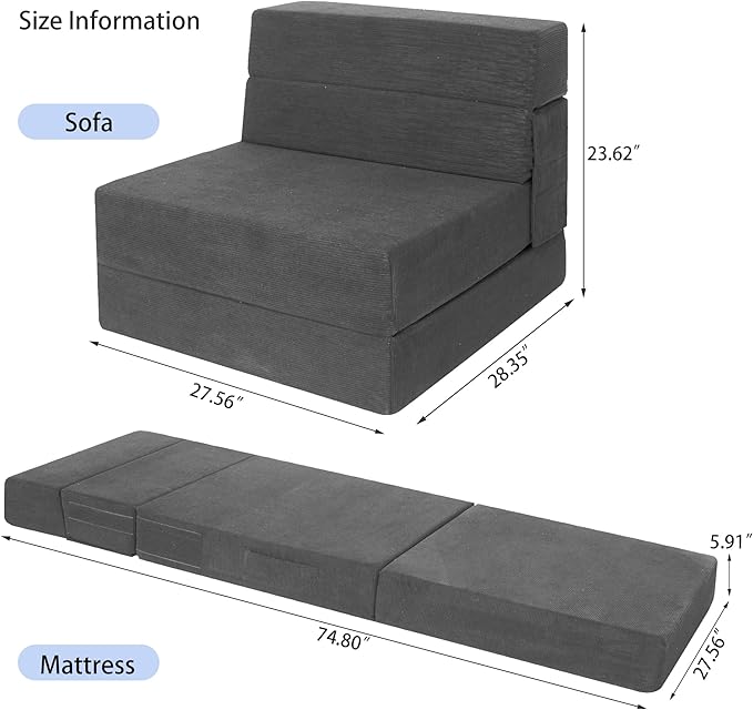 Sofa Bed Foldable Mattress Folding Sleeper Sofa Chair Bed Floor Mattress with Pillow for Living Room Home Office (Dark Gray -Corduroy Single)