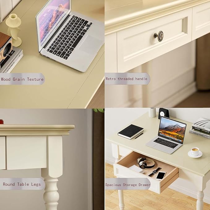 Beige Writing Desk with Drawer 35 Solid Wood French Country Style Computer Desk for Home Office Living Room Study or Workspace