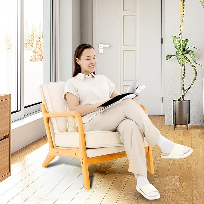 Modern Accent Chair with Lumbar Pillow Relaxing Mid Century Chair Armchair with Solid Wood Frame &amp Soft Cushion Reading Leisure Armchair for Living Room Beige