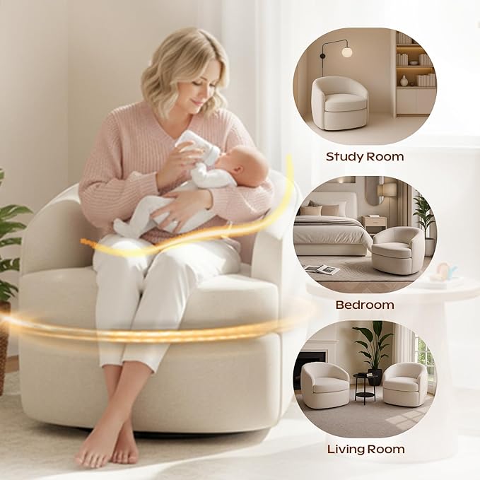 Leyu&ampHafort Modern Beige Swivel Accent Chair with Removable Foam Seat Cushion Linen Upholstered Comfty Sofa for Living Room and Bedroom Reading FSC Certified Solid Wood Base. (Cream Beige)