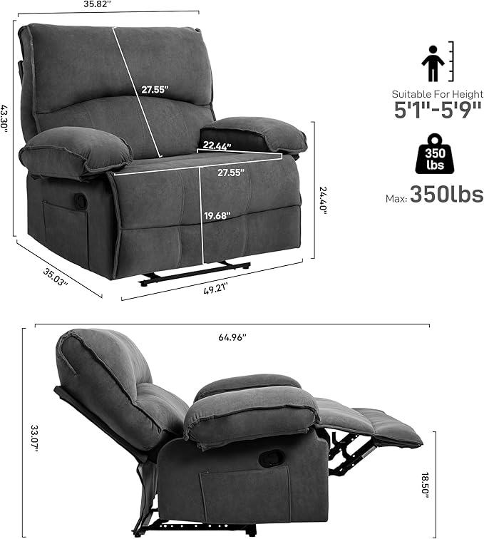 Extra Wide Velvet Manual Recliner Chair for Adults Oversized 27’’ Seat Width Reclining Sofa with Massage and Heating for Big and Tall People Overstuffed Lazy Boy Couch for Living Room Grey
