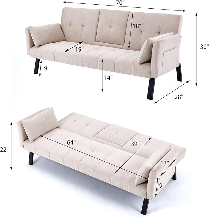 70 Futon Sofa with CupholdersAdjustable Backrest Cotton Linen with Cup Holders and 2 Throw Pillows Sleeper Sofa for Living Room Apartment Small Space (Beige)