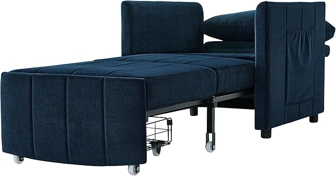 Pull Out Sofa Bed for Living Room 31.5 Upholstered Convertible Sleeper Sofa 3-in-1 Convertible Sleeper Chair with 5-Position Adjustable Backrest Side Pockets and a Storage Basket (Blue/352)