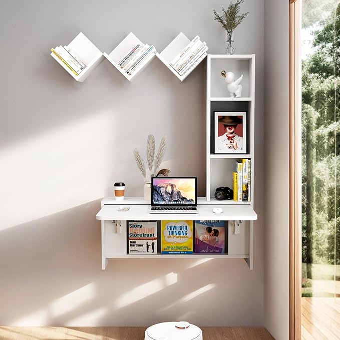 Folding Wall Mounted Drop Leaf Table Foldable Desk with Moveable Cabinets Floating Laptop with Convertible Storage Shelves Multifunctional Computer Workstation in Home for Space Saving