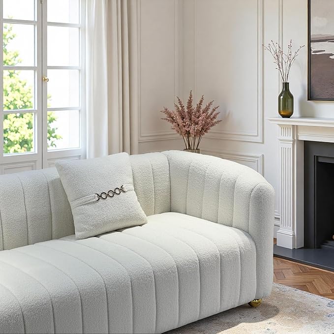 Modern Lambswool Loveseat Sofa Couch for Living Room 84 Comfy Upholstered 3 Seater Sofa Couch with Gold Metal Legs &amp 2 Pillows Luxury Sectional Sofa for Bedroom Office Apartment Creamy-White