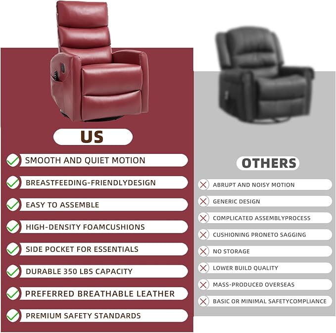 PELUMY 360° Swivel Rocker Recliner with Heat &amp Vibration Massage Glider Rocking Chair for Adults Compact Recliner for Living Room Small Spaces Nursery Bedroom (Breathable Leather Red)
