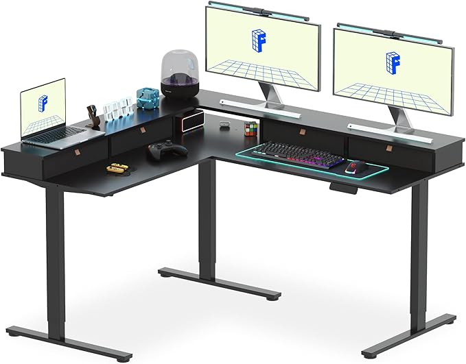 FLEXISPOT 63 L Shaped Standing Desk Electric Corner Table with Monitor Shelf 4 Storage Drawers Adjustable Computer Workstation for Home Office Game Studio Black Top + Black Frame