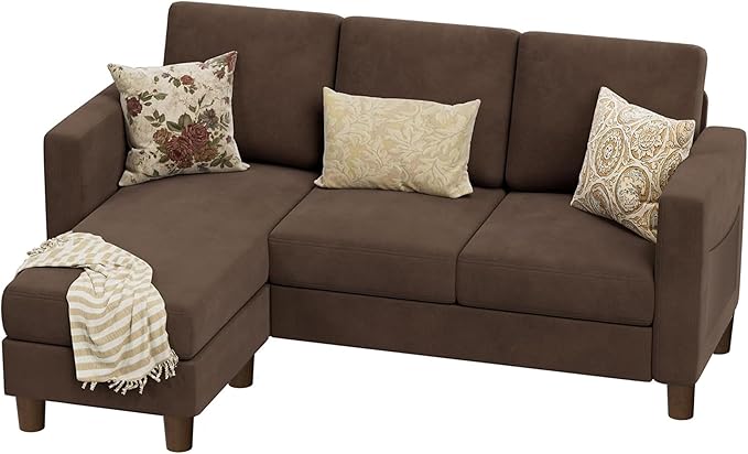 VICTONE Convertible Sectional Sofa Couch 3 Seat L-Shaped Sofa with Linen Fabric Ottoman Small Couch for Small Apartments Living Room and Office (Linen Fabric Brown)