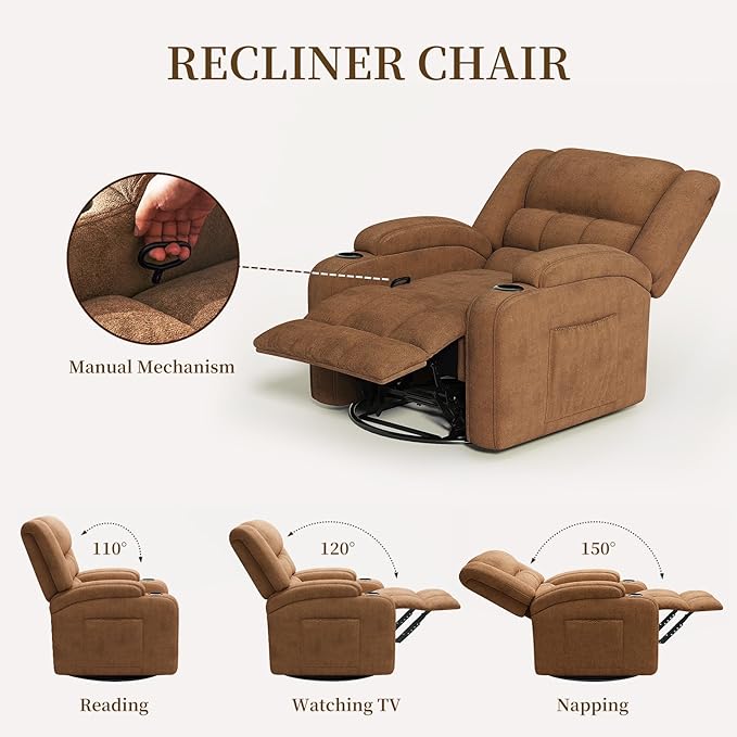 Furnimart 360° Swivel Rocker Recliner with Heat and Massage Manual Comfy Recliner Chair for Adult Chenille Glider Rocker Chaise Lounge for Living Room Bedroom Home Theater (Brown)