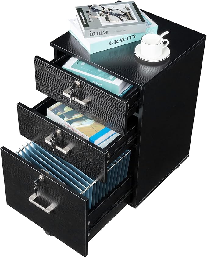 Black Cabinet with Wheels Rolling Cabinet 15.7 L x 15.7 W x 26 H Drawer Mobile File Cabinet with Lock Under Desk Filing CabinetMobile Under Desk Organizer Wooden