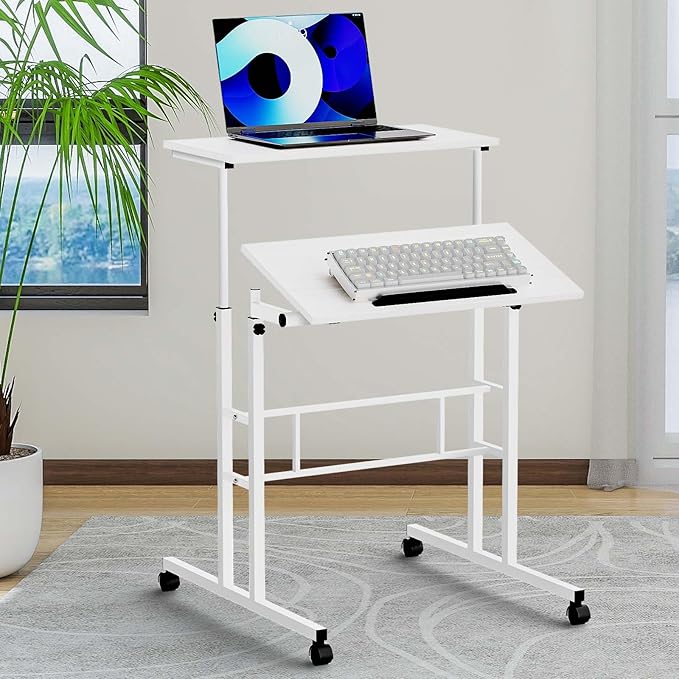 Small Standing Desk Adjustable Height and Angle Computer Laptop Desk Home Office Sit Standup Desk Portable Rolling Desk with Wheels 2 Platforms White