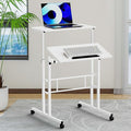 Small Standing Desk Adjustable Height and Angle Computer Laptop Desk Home Office Sit Standup Desk Portable Rolling Desk with Wheels 2 Platforms White