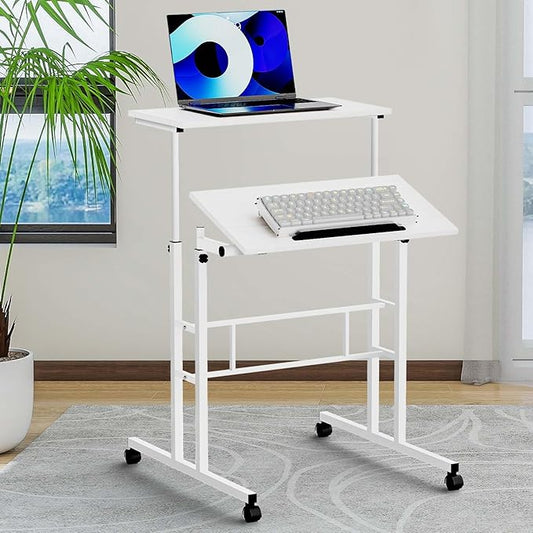 Small Standing Desk Adjustable Height and Angle Computer Laptop Desk Home Office Sit Standup Desk Portable Rolling Desk with Wheels 2 Platforms White