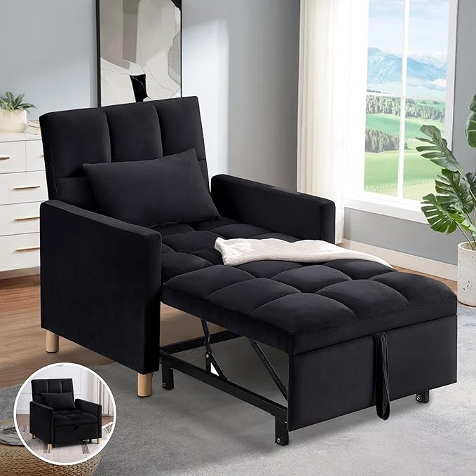 70'' Convertible Chair Bed Extra Long Teddy Fabric Single Pull Out Sofa 4 in 1 Adult Sleeping Recliner With Pillow Adjustable Backrest Black
