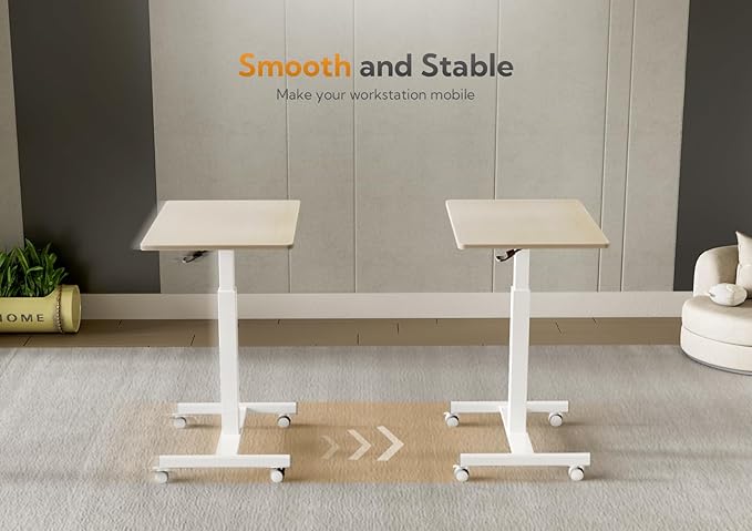 YDN Mobile Mobile Standing Desk Adjustable Height Portable Laptop Desk with Lockable Wheels 25.5 x 18.8 Rolling Desk with Hook for Computer Workstation Natural
