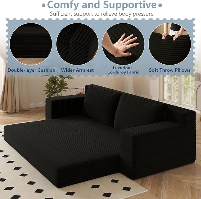 70.87 Loveseat Sofa Comfy Deep Seat Modern Small Corduroy Couch for Living Room Bedroom Apartment Home Office No Assembly Black