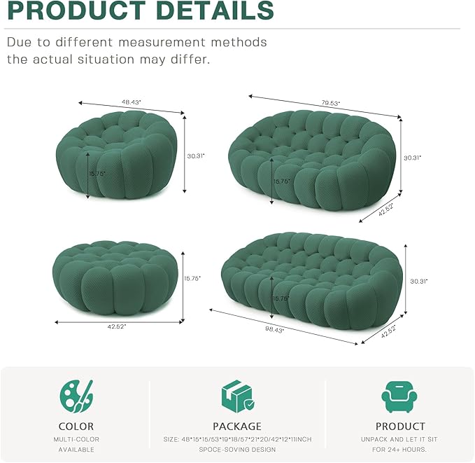 WJShome Bubble Couch49.21'' Single SofaMesh Fabric Lazy Floor Sofa 3D Honeycomb Shape Curved Couch for Living Room Office Apartment (Green 48.43 D)