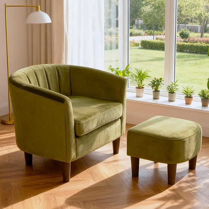 PayLessHere Accent Chair with Ottoman Cozy Velvet Armchair for Reading and Relaxing Modern Living Room Chair for Bedroom Living Room &amp Apartment (Green)