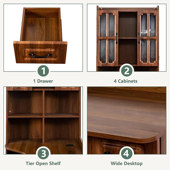 Walnut Corner Desk with Bookshelf 2-in-1 L Shaped Desk with Hutch &amp Drawers Home Office Desk with Shelves &amp Storage Wooden Structure Easy Assembly (Walnut)
