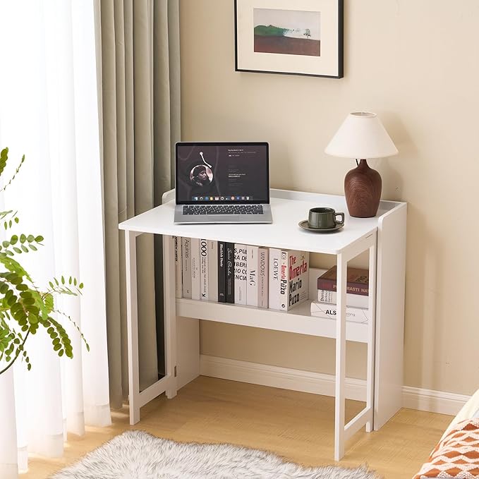KEIKI 32.6 Folding Table with Storage Shelf Foldable Computer Desk for Small Spaces Space-Saving Study Table for Bedroom Home Office Dorm and Apartment Ancient White