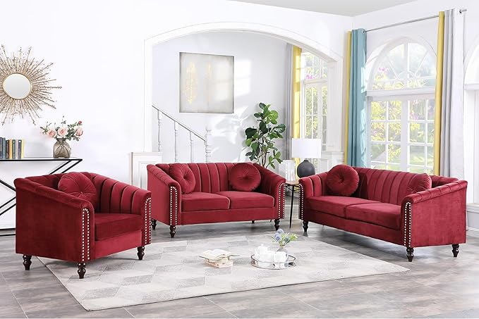 Chesterfield Sofa Set Luxurious Velvet Modern Rectangular Sofa Set with Sofa Loveseat Chair Upholstered Rolled Arm with Rivets/5 Button Tufted Pillow Red