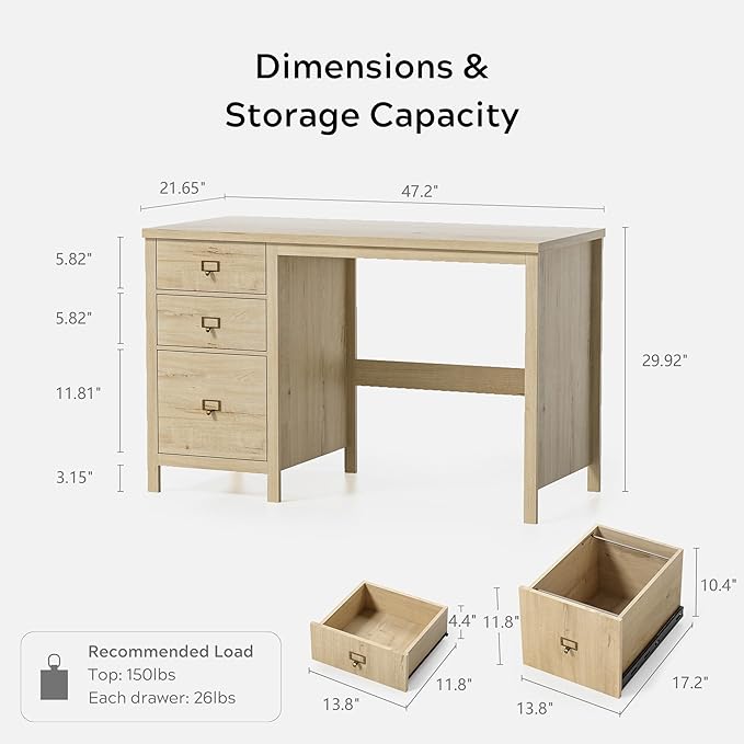 Executive Desk with Drawers Modern Wood Home Office Desk with File Drawer Farmhouse Computer Writing Desk for Working Light Oak