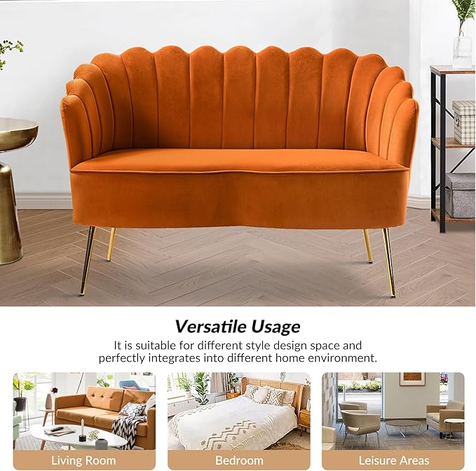 Velvet Upholstered Loveseat Sofa with Gold Metal Legs Modern Comfy Small Love Seat with Flower Shaped Back 2-Seater Sofa Accent Couch for Living Bedroom Leisure Areas