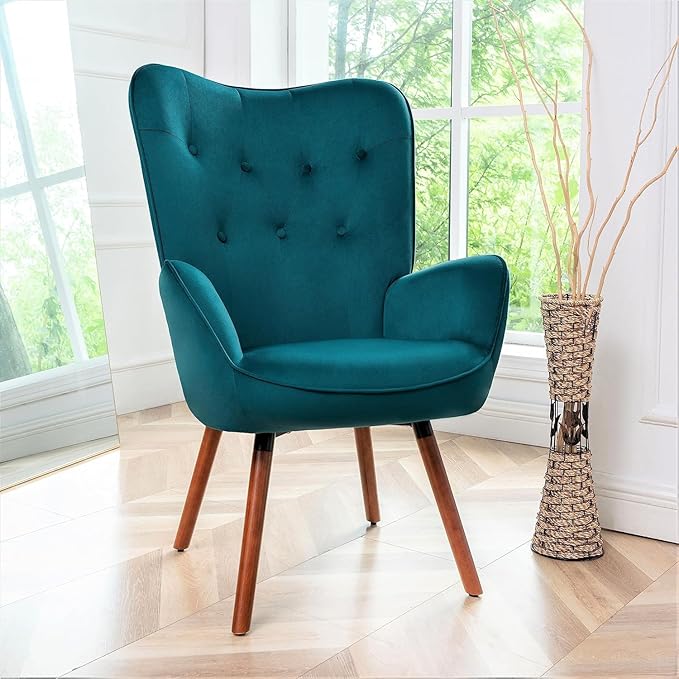 Chic Accent Arm Chairs for Living Room Bedroom or Home Office Button-Tufted Midcentury Armchair with Wingback Design and Splayed Legs Greynish Blue