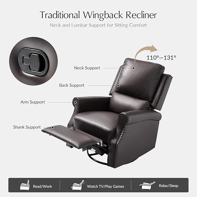HULALA HOME Faux Leather Swivel Rocker Recliner with Adjustable Backrest and Footrest Push Back Recliner Chair with Nailhead Trim 360° Swivel Glider Rocking Chair for Living Room Bedroom Brown