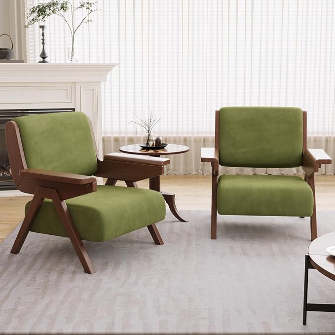 Accent Chair Set of 2 Mid Century Modern Chair Velvet Upholstered Lounge Arm Chair with Solid Wood Cozy Seating for Living Room Bedroom Balcony (Green)