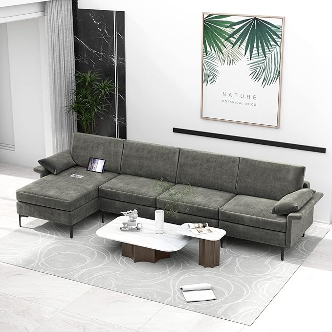 Giantex 130.5 L Convertible Sofa Couch Sectional Sleeper with 2 USB Ports Socket Comfy Cushion 2 Storage Box L-Shaped Modular Modern Sofa Reversible Chaise Lounge Living Room Furniture Grey