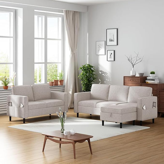 CECER 3 Piece Living Room Sectional Sofa Set with Ottoman and Side Pockets Modern Linen 5 Seater Couch Set3-Seater Sofa and Loveseat Set for Living Room/Office/Apartment-Beige