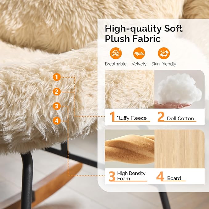 VINGLI 25.6 Extra Wide Nursery 115° Armless Rocking Chair Curved Cute Cross-Legged Glider Chair with Pillow &amp Solid Wood Nursing Chair for Bedroom Living Room Fluffy Fleece Khaki