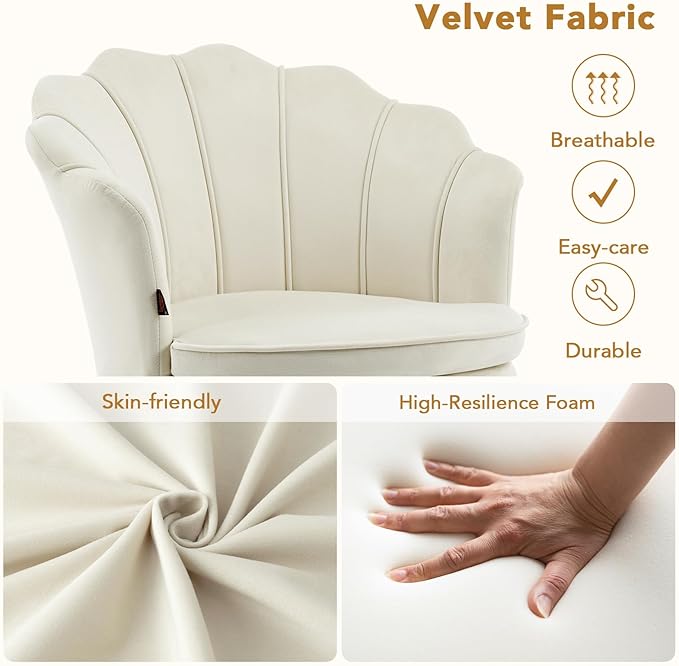 Furniliving Velvet Vanity Chair Shell Accent Chair for Living Room Upholstered Accent Chair with Gold Metal Legs Makeup Chair for Vanity Armchair Guest Chairs Side Chair for Bedroom (Khaki 1)