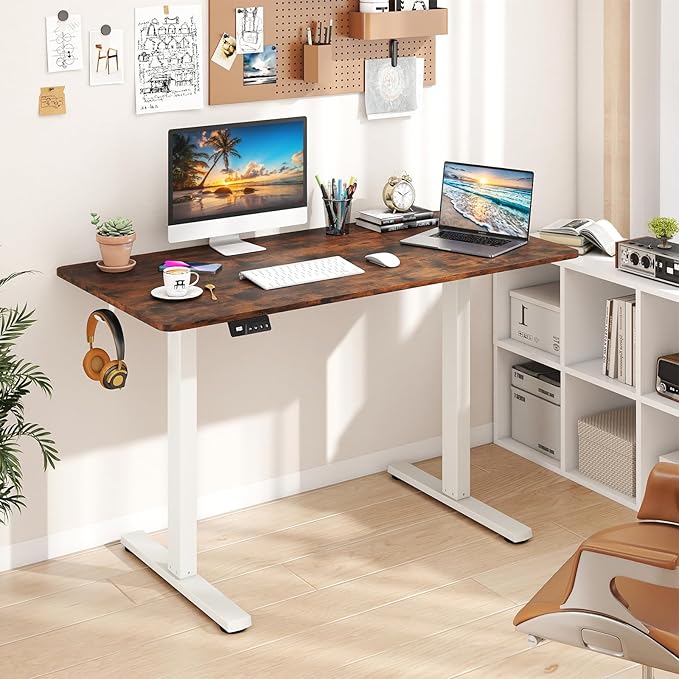 Giantex Electric Standing Desk 48 x 24 Height Adjustable Sit Stand Computer Workstation with 2 Memory Heights Headphone Hook Anti-Collision Design Home Office Computer Desk (Rustic Brown+White)