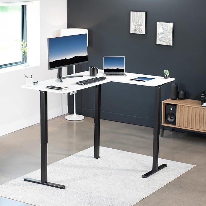 VIVO Corner Standing Desk 63 x 47 inch Reversible L-Shaped Workstation Electric Height Adjustment Home Office and Reception Rooms White Table Top Black Frame DESK-E3CTBW-47