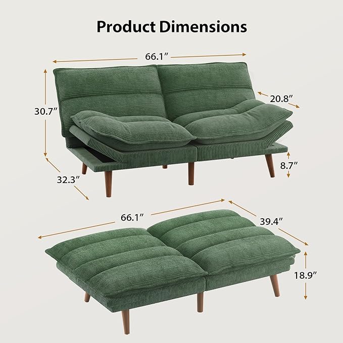 Pipishell Futon Sofa Bed Convertible Futon Adjustable Backrest &amp Armrests Corduroy Sleeper Couch for Small Spaces Living Room Office Guest Room (Moss Green 66 Inch)