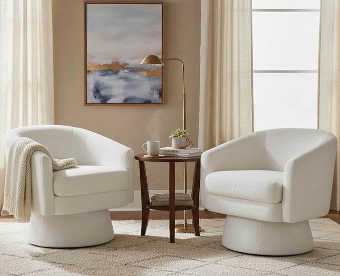 Boucle Swivel Accent Chairs Set of 2 White Barrel Arm Chair Round Cozy Upholstered Modern Sherpa Fabric Single Sofa Chair for Living Room/Bedroom/Reading