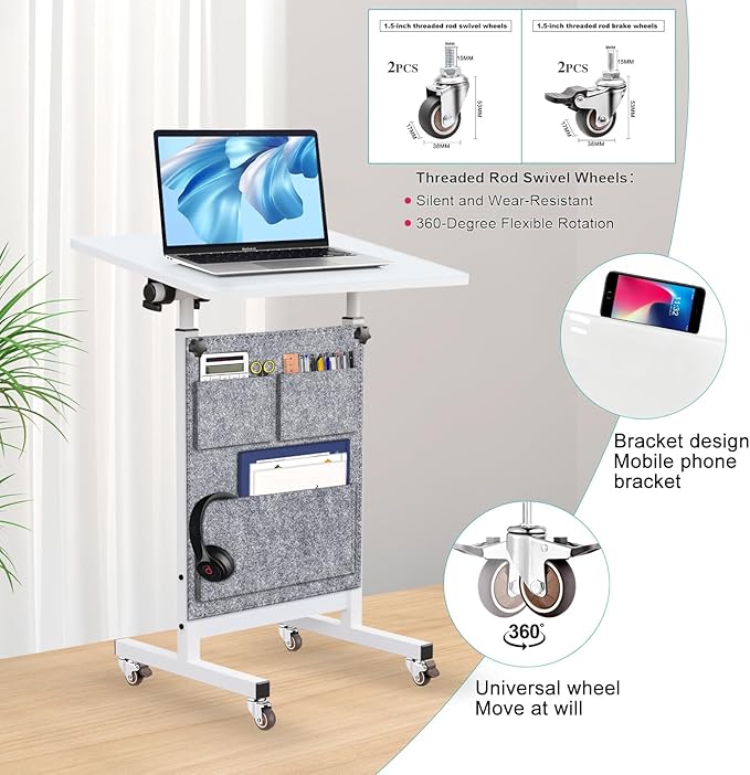 KOUPA Adjustable Height Standing Desk Writable Tempered Glass Desktop with Eraser 360° Flip Wheels and Bag– Ideal for Small Spaces and Home Offices 24 in White(Adjustable Height: 32-47 in)