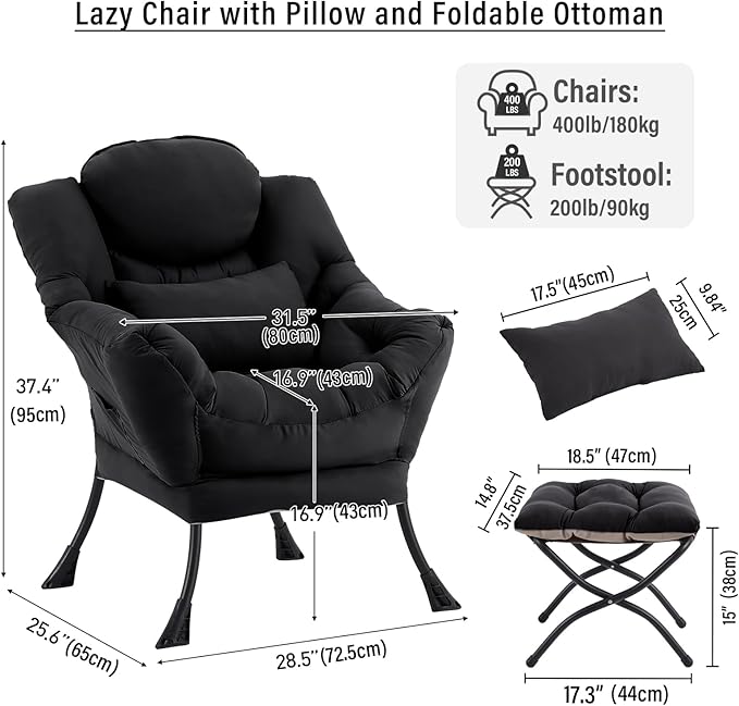Lazy Chair with Ottoman Modern Accent Chair with Lumbar Pillow Black Sofa Armchairs with Folding Footrest Oversized Supportive Chairs for Bedroom Reading