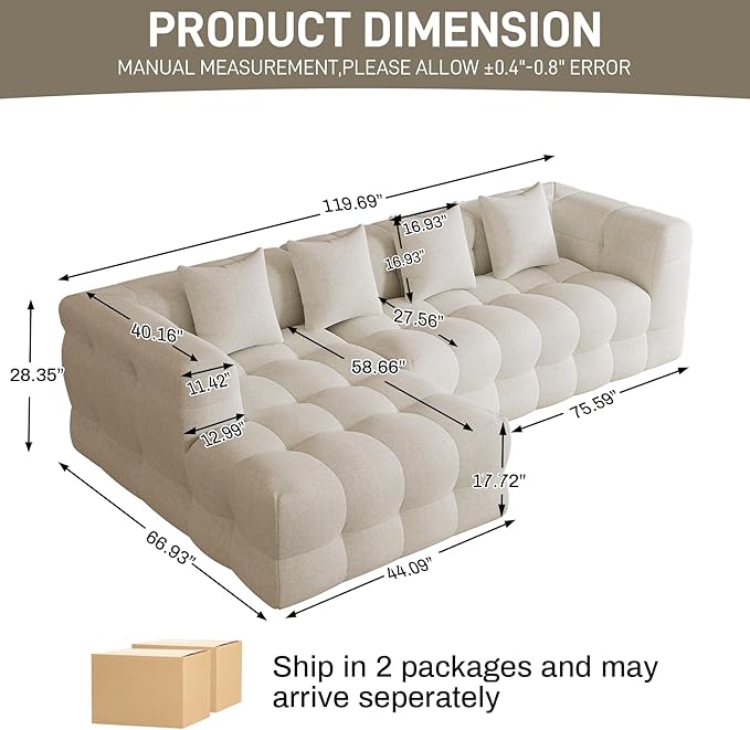 120 Oversized Modular Sectional CouchCloud Sectional Sofa with Deep Seat Modern Modular Couch with 4 Throw PillowsL-Shaped Chenille Sofa Couches with Left Facing Chaise for Living Room Beige