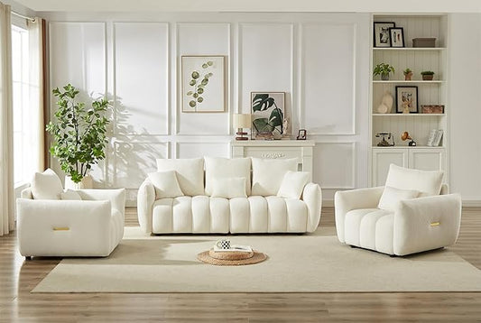 Antetek Set of 3 Teddy Sofa for Living Room Modern 2 Units Deep Seat Sofa Chairs and an Oversized 3-Seater Cloud Boucle Couch for Bedroom Office Apartment Furniture Set Beige (3 Pieces)