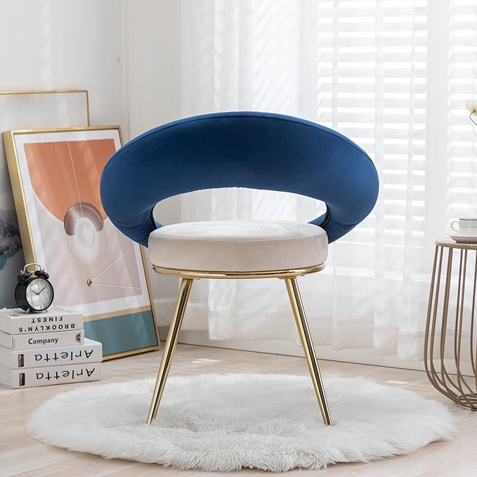 Navy Blue+Off-White Velvet Modern Accent/Conversation Lounge Chair with Gold Plated Legs Unique AppearanceSuitable for Office Lounge Living Room