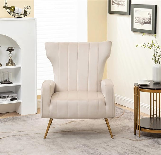 Modern Velvet Accent Chair Channel Tufted Bedroom Office or Living Room Furniture with Elegant Metal Legs 26 Wide Armchair Beige