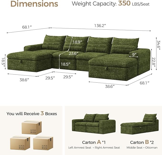 136 Modular Sectional Sofa with Deep Seat U-Shaped Cloud Couch for Living Room 4-Seater Boneless Sofa with 2 Ottomans Flexible Combination Modern Upholstery Sofa No Assembly Required Algae Green