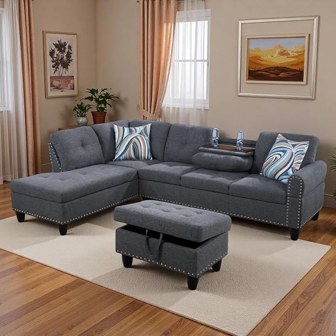L-Shaped Sectional Sofa with Movable Chaise &amp Storage Ottoman Lounge 3-Piece Modular Convertible Couches for Living Room Apartment &amp Office Dark Grey