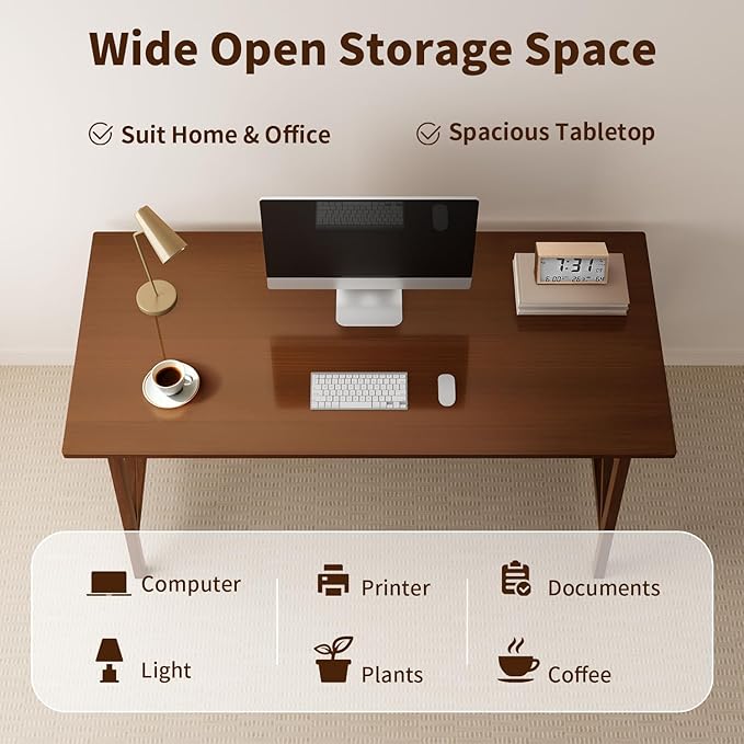 Modern Solid Wood Desk - 54 Simple Computer Table for Home Office Study Writing Workstation in Walnut 54 W x 24 D